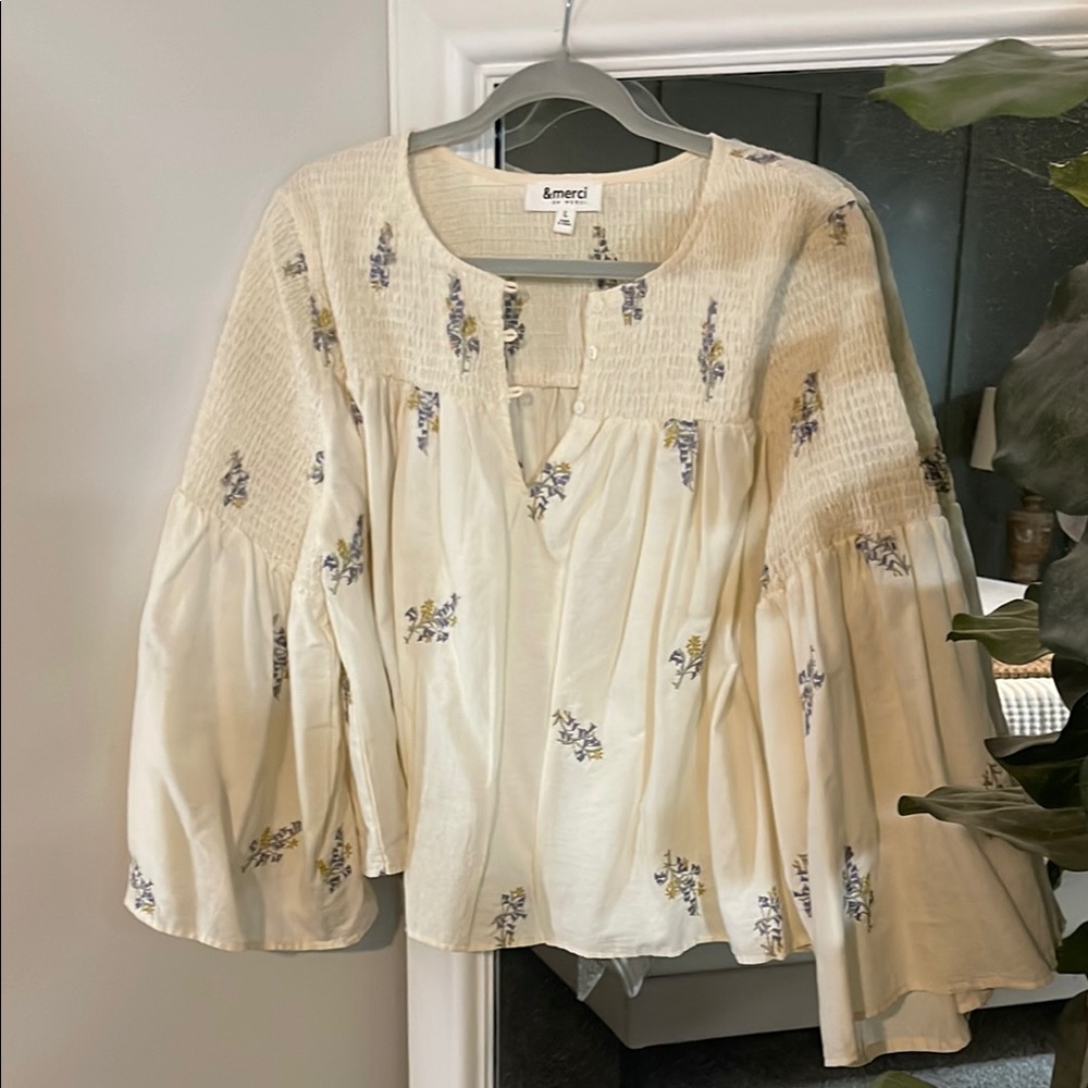 Cream Smocked Bell Sleeve Blouse